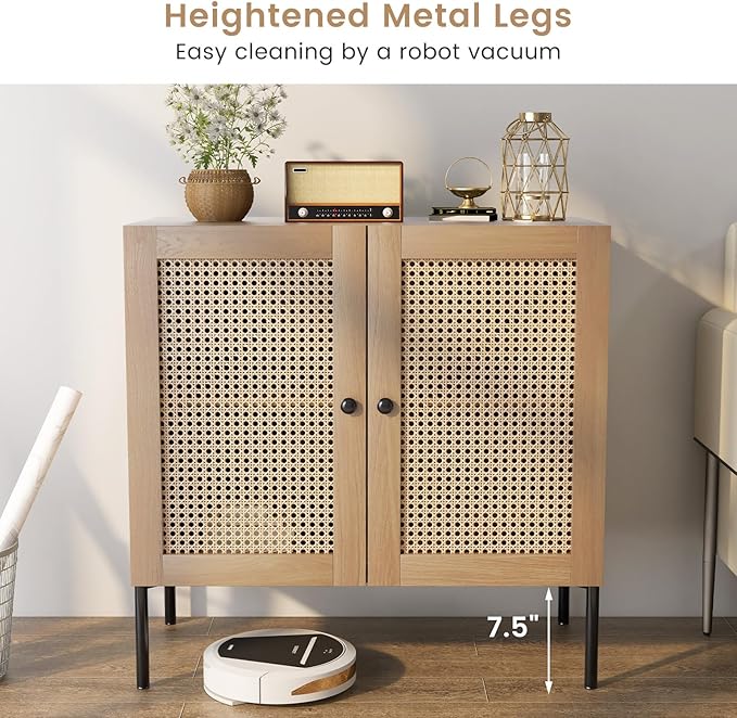 COSTWAY Buffet Cabinet with Storage, Storage Sideboard with Rattan Decorated Doors, Adjustable Shelf, Metal Legs, Accent Cabinet, Buffet Table Credenza for Hallway, Entryway, Living Room (2, Oak)
