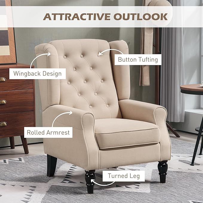HOMCOM Mid-Century Modern Accent Chair, High Wingback Chair, Button-Tufted Upholstered Fabric Armchair with Retro Wood Legs for Living Room, Bedroom, Beige