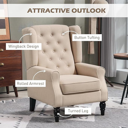 HOMCOM Mid-Century Modern Accent Chair, High Wingback Chair, Button-Tufted Upholstered Fabric Armchair with Retro Wood Legs for Living Room, Bedroom, Beige