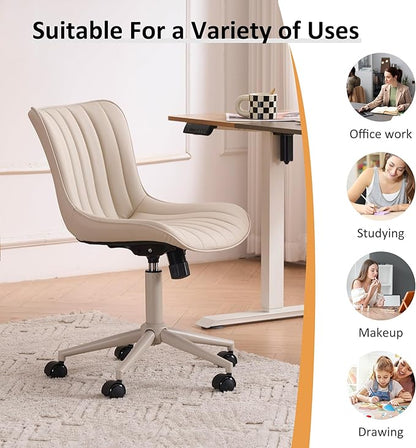 YOUNIKE Cream Home Office Desk Chair with Wheels Armless Compact Comfy Vanity Chair with Adjustable Back Modern Small Leather Upholstered Rolling Swivel Cute Computer Task Sewing Chair No Arms