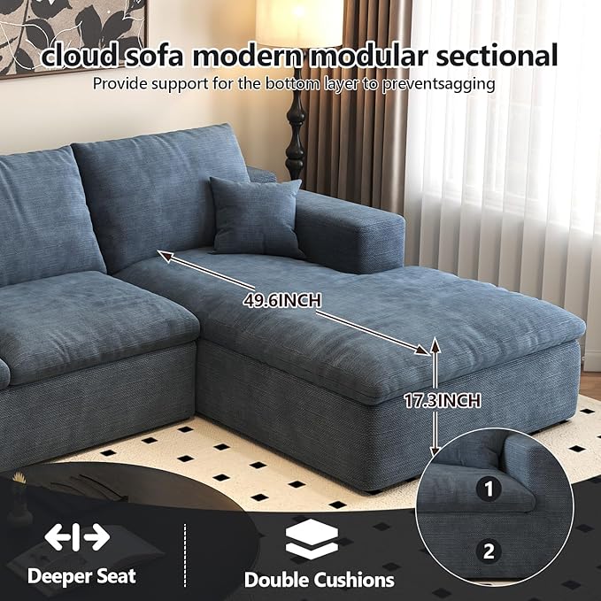 107'' L-Shaped Modern Modular Sectional Cloud Couch, 4-Seat Chenille Deep-Seat Sofa with Pillow for Living Room, Bedroom, Apartment, Ocean Blue