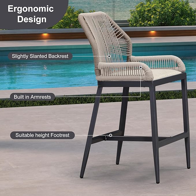 PURPLE LEAF 4 Pieces Counter Height Bar Stools Patio Boho Rattan Barstools Aluminum Woven Bar Chairs with Cushions for Outdoor Kitchen Island Garden