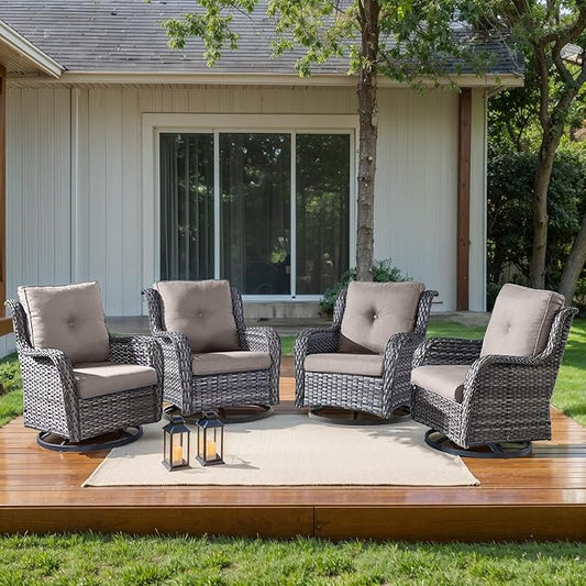 HUMMUH Outdoor Swivel Rocker Wicker Patio Chairs High Back PE Rattan Glider Chairs 4PCS Patio Furniture Set(Grey,Grey)