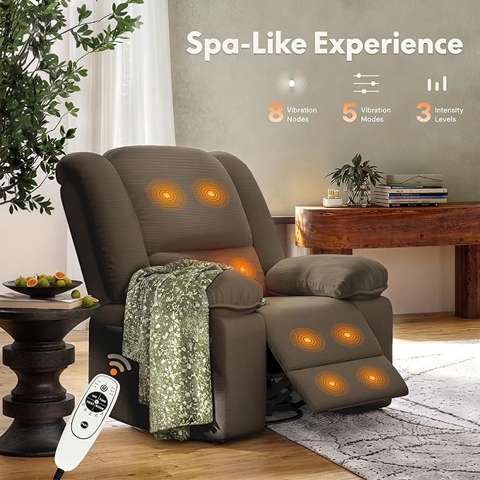FLEXISPOT 360° Swivel Rocker Recliner with Massage & Heat for Adults, Manual Rocking Chair with USB Port & Side Pocket, Swivel Glider Recliner for Living Room Apartment Small Spaces, Brown