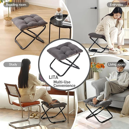 LITA Folding Footrest Stool, Portable Ottoman Foot Rest, Upholstered Small Foldable Ottoman with Detachable Thick Cotton Cushion Padded Sofa Stool for Living Room, Bedroom, Dark Grey Set