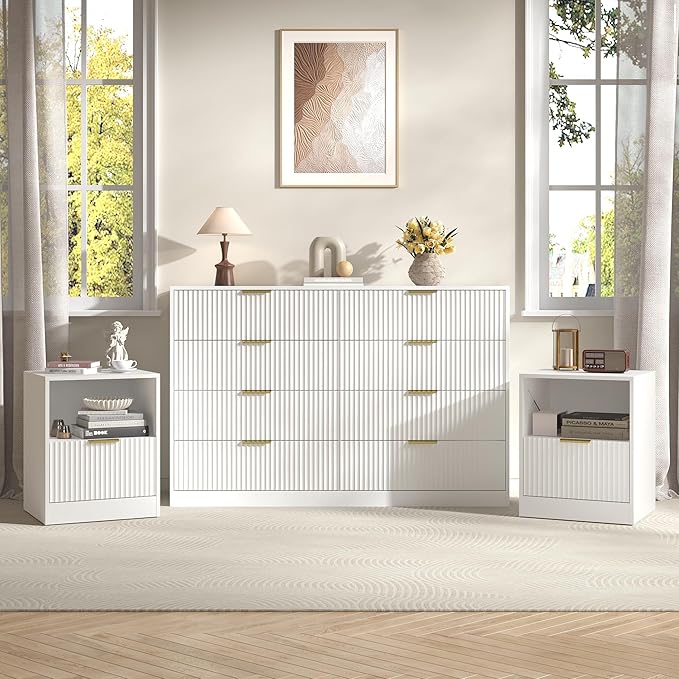 3-Piece Modern Bedroom Furniture Set, Wide 8-Drawer Dresser & 1-Drawer Nightstands Set of 2, Natural Wood Dresser and Nightstand Sets for Bedroom, Hallway, White
