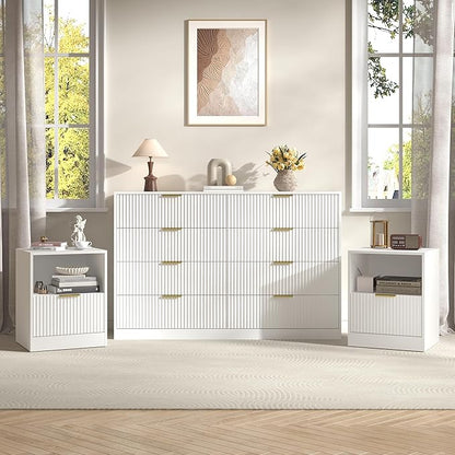 3-Piece Modern Bedroom Furniture Set, Wide 8-Drawer Dresser & 1-Drawer Nightstands Set of 2, Natural Wood Dresser and Nightstand Sets for Bedroom, Hallway, White