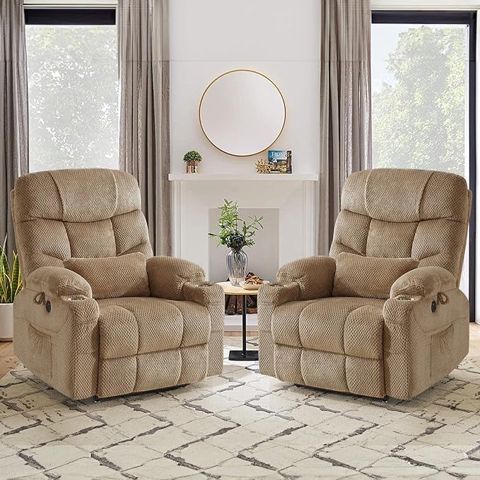 ABCASA Oversized Dual Motor Lay Flat Power Lift Recliner Chair Set of 2 for Elderly with Massage and Heat, Textile Large Recliner Chair, Lift Chairs Recliner with Lumbar Pillow, Cup Holder, Beige