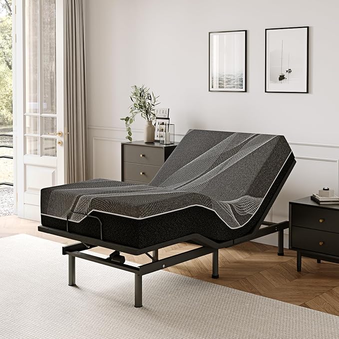 Twin XL Adjustable Bed Base Frame with Wireless Remote + 14 Inch Twin XL Gel Memory Foam Mattress Bed in a Box, Head and Foot Incline, Zero Gravity, Fiberglass Free, 80" × 38"