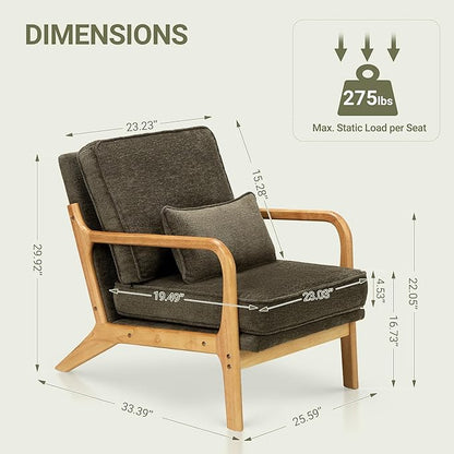 COLAMY Mid Century Modern Accent Chair with Lumbar Pillow, Relaxing Armchair with Solid Wood Frame & Soft Cushion, Reading Leisure Chair for Living Room,Bedroom,Waiting Room（Green）