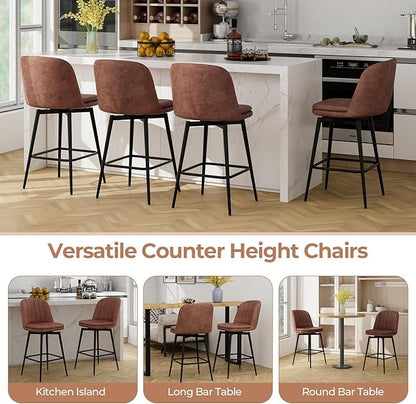 COSTWAY Bar Stool Set of 4, 27 Inch Swivel Counter Height Chair with Padded Seat, Metal Legs & Footrest, PU Leather Bar Chair for Kitchen Island (4)