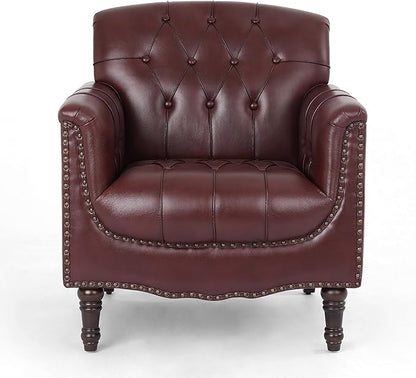 UIXE Faux Leather Accent Chair for Living Room, Tufted Arm Chair Retro Upholstered Club Armchair with Solid Wood Legs - Dark Red, Set of 2