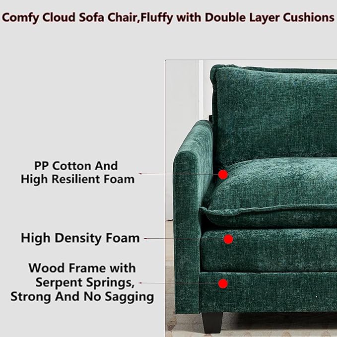 Aoowow Chenille Upholstered Accent Chair Oversized,Fluffy Single Cloud Sofa Chairs with Deep Seat,Modern Large Reading Arm Chair with Throw Pillow for Living Room,Bedroom (Green, Single Sofa Chair)