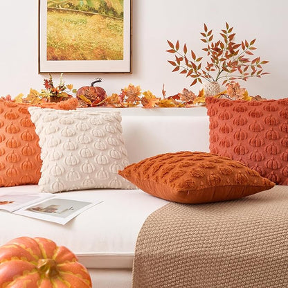 Kevin Textile Fall Pumpkins Pillow Covers 18x18 Inch Set of 2 Cute Autumn Decorative Square Pillowcases Soft Faux Fur Cushions Harvest Gift for Couch Sofa Chair Bedroom Home Decor, Brown