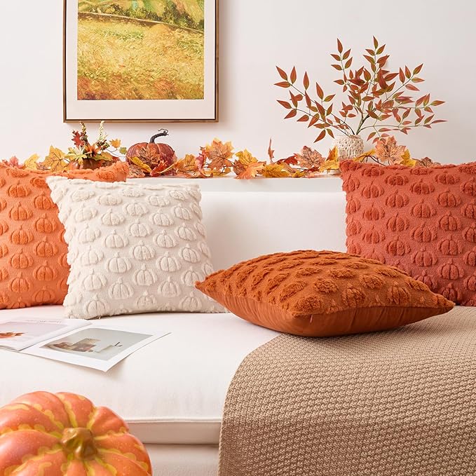 Kevin Textile Fall Pumpkins Pillow Covers 18x18 Inch Set of 2 Cute Autumn Decorative Square Pillowcases Soft Faux Fur Cushions Harvest Gift for Couch Sofa Chair Bedroom Home Decor, Orange