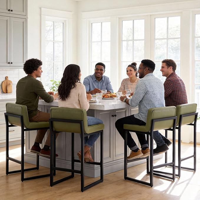 Counter Height Bar Stools Set of 4, Modern Counter Stools with Back and Thickened Metal Legs, Armless Bar Chairs for Kitchen Island (Avocado Green, 4Pcs 26" Bar Stools)