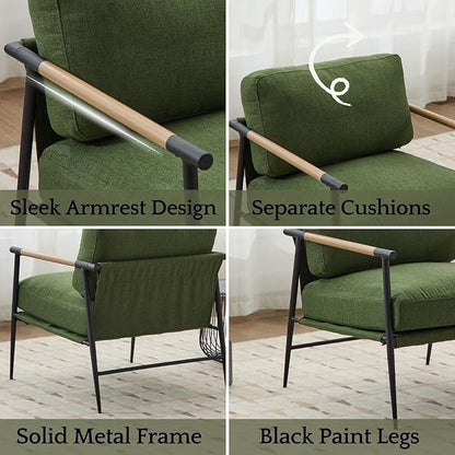 LukeAlon Mid-Century Linen Accent Chair, Ultra Soft Living Room Chair with Metal Legs Modern Armchair Reading Nook Chair Lounge Chair Upholstered Comfy Leisure Chair for Bedroom Waiting Room, Green