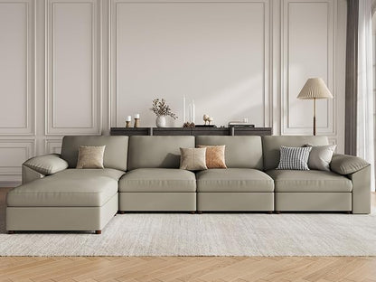 EASE MOOSE Oversized Modular Sectional Sofa,Leather Sectional Couch with Deep Seat,Extra Large L Shaped Couch,Modern Comfy Scratch Resistant Faux Leather Material Sofa,Light Grey