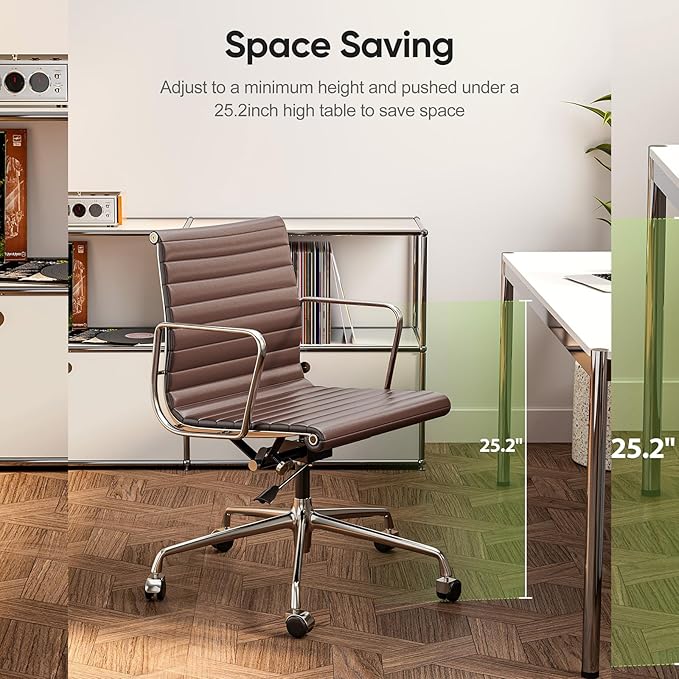 Ribbed Office Chair with Top Grain Leather - Mid Back Ergonomic Desk Chair with Aluminum Arm Rest and 5-Star Base, Swivel Chair Brown