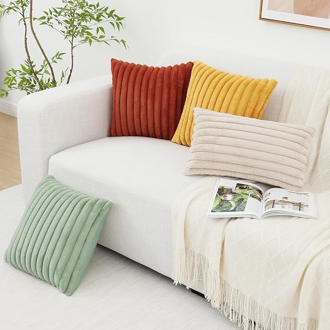 Pallene Faux Fur Plush Throw Pillow Covers 16x16 Set of 2, Luxury Soft Fluffy Striped Decorative Pillow Covers for Sofa, Couch, Living Room, Sage Green