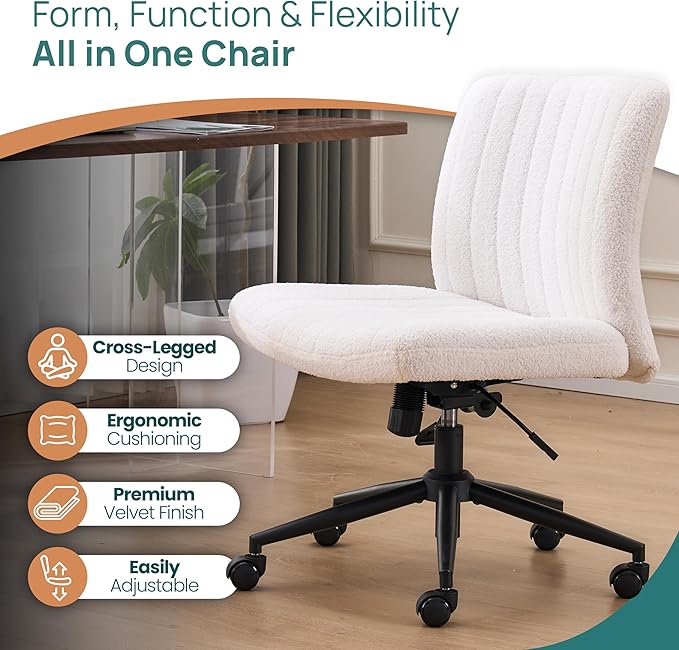 NYPOT Armless Desk Chair with Wheels for Criss Cross Sitting - Cross Legged Wide Armless Chair - Adjustable Vanity 360° Swivel Stool and 120° Rocking Wide Seat Comfy for Home and Office, White Sherpa