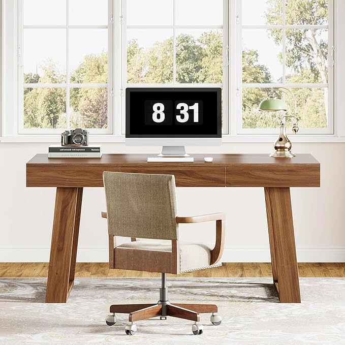 Tribesigns 55" Wide Desktop Executive Desk with Drawer, Retro Brown Computer Office Desk, Modern Wood Business Workstation Table for Home Office