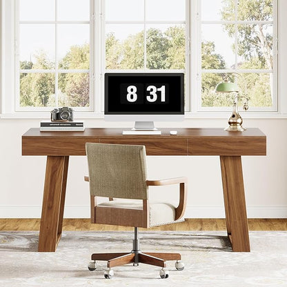 Tribesigns 55" Wide Desktop Executive Desk with Drawer, Retro Brown Computer Office Desk, Modern Wood Business Workstation Table for Home Office