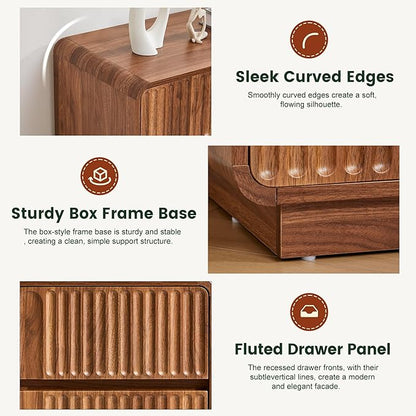 Turtle&Myrtle Fluted 3 Drawer Dressers for Bedroom, 31.5" Wide Large Mid Century Modern Nightstand W/3 Storage Drawers, Wood Dresser & Chest of Drawers with Curved Profile for Living Room (Walnut)