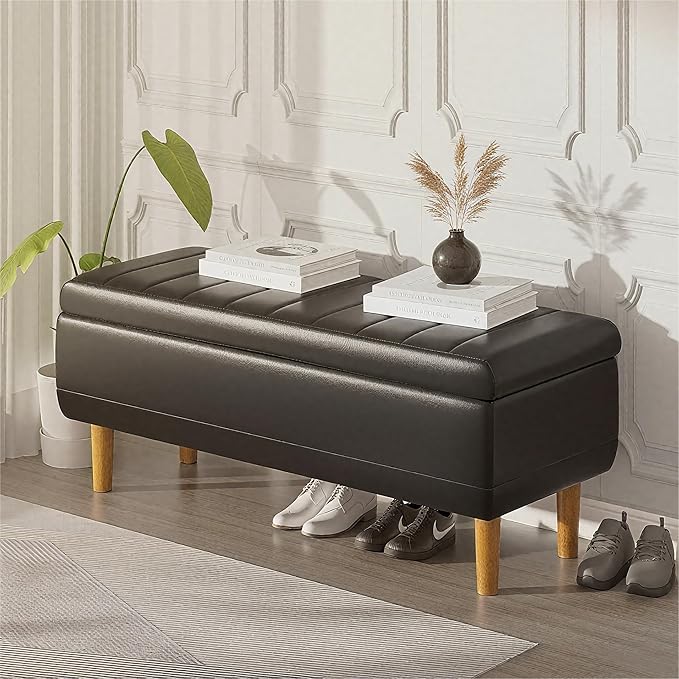 VECELO 44.5" Storage Ottoman Bench, Black Ottoman with Storage, Safety Hinge & Solid Wood Legs, Faux Leather Upholstered Ottoman with Seat for Living Room, Entryway, Holds up to 330 lb