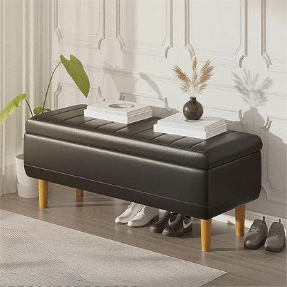 VECELO 44.5" Storage Ottoman Bench, Black Ottoman with Storage, Safety Hinge & Solid Wood Legs, Faux Leather Upholstered Ottoman with Seat for Living Room, Entryway, Holds up to 330 lb