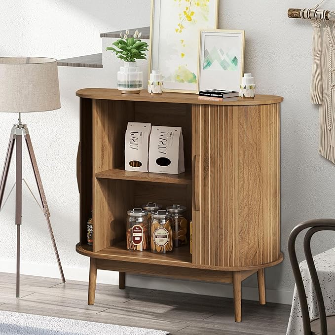 Small Sideboard Buffet Cabinet with Storage, Sliding Doors, 31" Wood Narrow Accent Storage Cabinet, Modern Buffet Table for Kitchen, Living Room (Walnut)