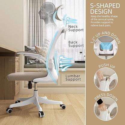 Monhey Office Chair Ergonomic Desk Chair with Lumbar Support&Headrest&Flip-up Arms Height Adjustable Rocking Swivel High Back Computer Chair Warm Taupe Mesh Study Chair (04White+Khaki)