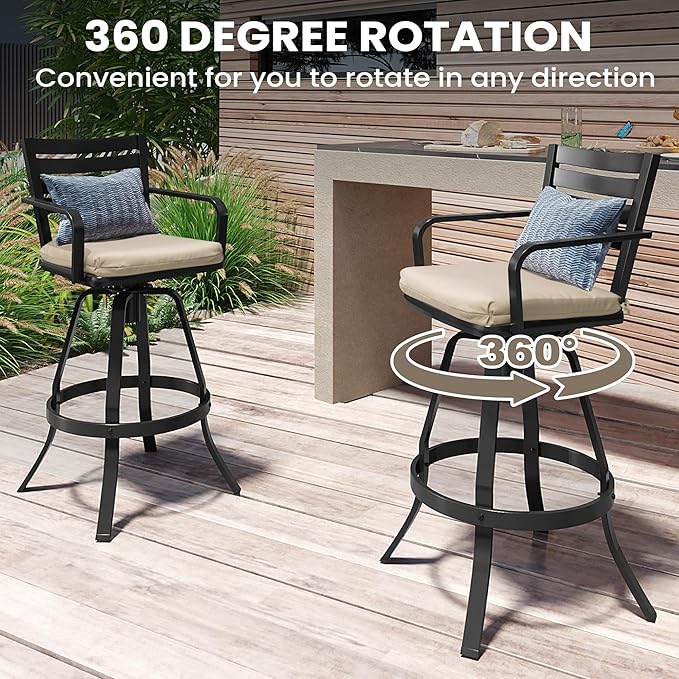 Pellebant Patio Swivel Barstools Set of 6, Aluminum 29.5" Outdoor Bar Height Stool Chairs with Back & Footrest,Rust-Proof Tall Patio Bar Stools for Deck Lawn Garden,Beige