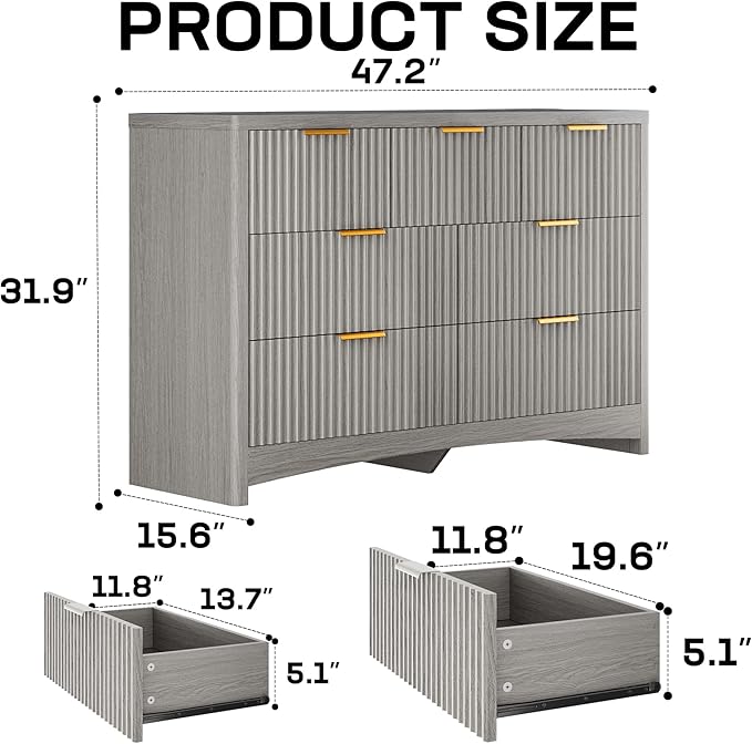 Marsail Fluted 7-Drawer Wide Wooden Dresser, Smooth Gliding Drawers & Large Capacity Storage Space, Modern Organizer Cabinet for Bedroom or Hallway, Light Grey