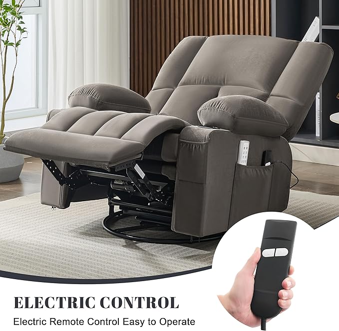 Oversized Recliner Chairs for Adults, 270° Swivel Rocking Recliner with Heat and Massage Lazy Boy Recliner,Recliner Chairs Single Sofa Seat with Cup Holders(Grey, Electric)