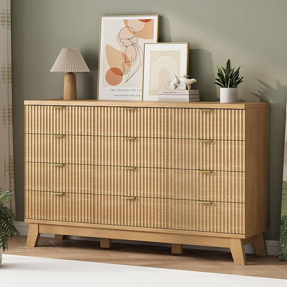 Fluted Dresser for Bedroom with 12 Drawers, 57" Wide Modern Chest of Drawers with Metal Handle, Wooden Dresser TV Stand, Wood Closet Clothes Storage Organizer for Living Room, Hallway, Natural Oak