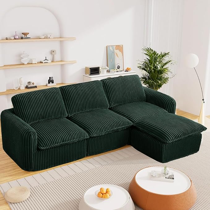 110'' Boneless Modular Cloud Couch for Living Room, Comfy Cloud Modular Sectional Couch with Ottoman, Convertible L Shaped Couches for Apartment, Dorm, No Assembly Required, Green Corduroy
