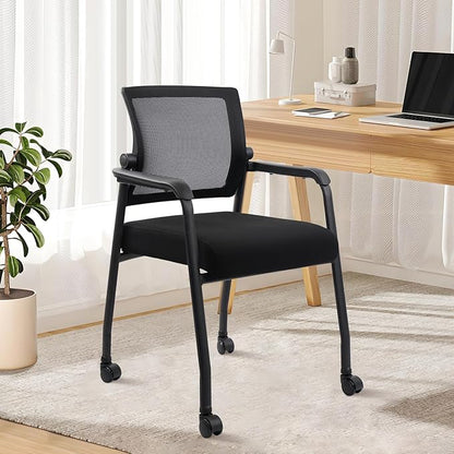Office Guest Chairs No Wheels | Ergonomic Lumbar Support and Thicked Seats Cushion, Desk Chair with Adjustable Mesh Back for Waiting Room School Church Reception，Black 2PK