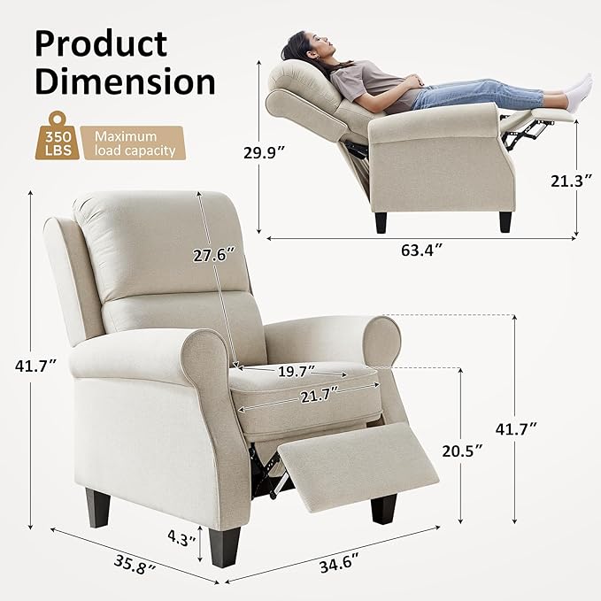 Recliner Chair for Living Room, Modern Reclining Sofa Home Theater Seating with Upholstered Push Back, Mid-Century Reclining Armchair with Lumbar Support, Bedroom, Reading Nook, Office, Set of 2