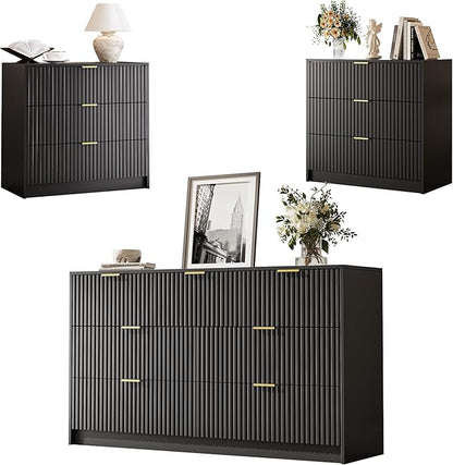 3-Piece Dresser Bedroom Set, 7 Drawer Dresser & 3 Drawer Nightstands with Gold Handles, Fluted Wood Chest of Drawers for Bedroom, Living Room, Entryway, Black
