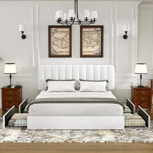 VECELO Full Size Upholstered Bed Frame with 4 Drawers and Headboard, Velvet Platform Storage Bedframe, Wooden Slats Support, No Box Spring Needed,White