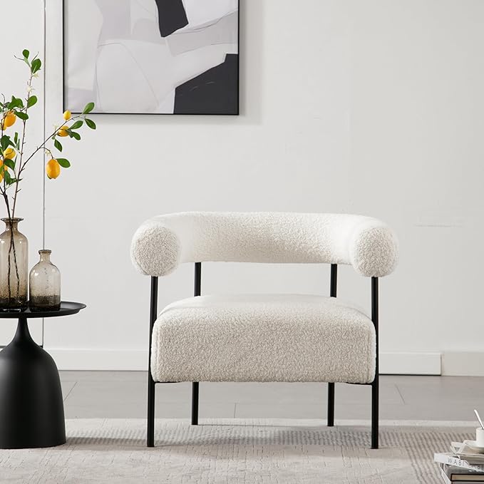 Boucle Modern Accent Chair with Curved Back, Small Living Room Vanity Chair, White Comfy Sherpa Barrel Armchair with Metal Legs & Upholstered for Bedroom, Makeup Room