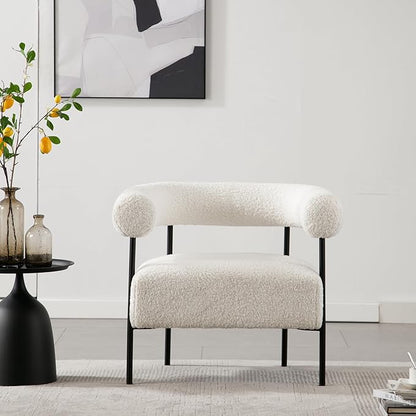 Boucle Modern Accent Chair with Curved Back, Small Living Room Vanity Chair, White Comfy Sherpa Barrel Armchair with Metal Legs & Upholstered for Bedroom, Makeup Room