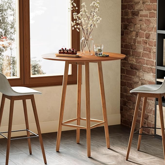 LITTLE TREE Solid Wood Bar Table, 39.37-Inch Round Bistro Table with Sturdy Frame, for Living Room, Dining Room, Small Space (Rustic Walnut)