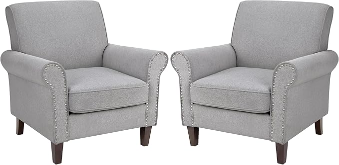 PrimeZone Comfy Accent Chair Set of 2, Mid-Century Modern Fabric Living Room Chair Reading Chair with Soft Cushion, Nailhead Trim & Rolled Armrest, Arm Chair Sofa Chair for Bedroom Waiting Room,Grey