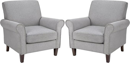 PrimeZone Comfy Accent Chair Set of 2, Mid-Century Modern Fabric Living Room Chair Reading Chair with Soft Cushion, Nailhead Trim & Rolled Armrest, Arm Chair Sofa Chair for Bedroom Waiting Room,Grey