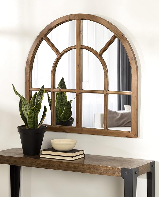 Kate and Laurel Boldmere Modern Farmhouse Wide Windowpane Arched Mirror; 30 x 29; Rustic Brown; Decorative Vintage Inspired Window Mirror for Farmhouse Wall Decor