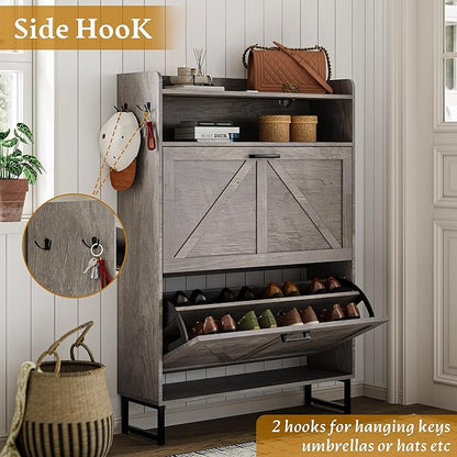 Shoe Storage Cabinet with 2 Flip Drawers, Narrow Wood Shoe Cabinet Storage for Entryway with Metal Legs & Hooks, Adjustable Shelves, Freestanding Shoe Rack Organizer for Foyer, Hallway, Grey