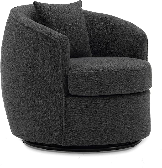 Swivel Accent Chair, Modern Upholstered Boucle Barrel Arm Chairs with Pillow for Living Room, 360 Degree Round Swivel Sherpa Armchair with Round Base for Bedroom Club (1, Dark Grey)