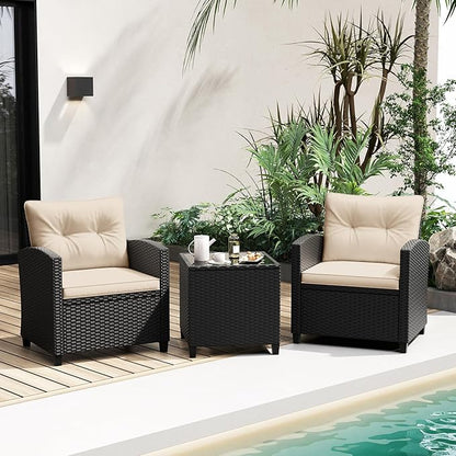 Tangkula 3 Piece Patio Furniture Set, Rattan Conversation Set w/Soft Seat & Back Cushions, Tempered Glass Topped Coffee Table, Cushioned Wicker Seating Set for Backyard, Porch, Poolside (Beige)